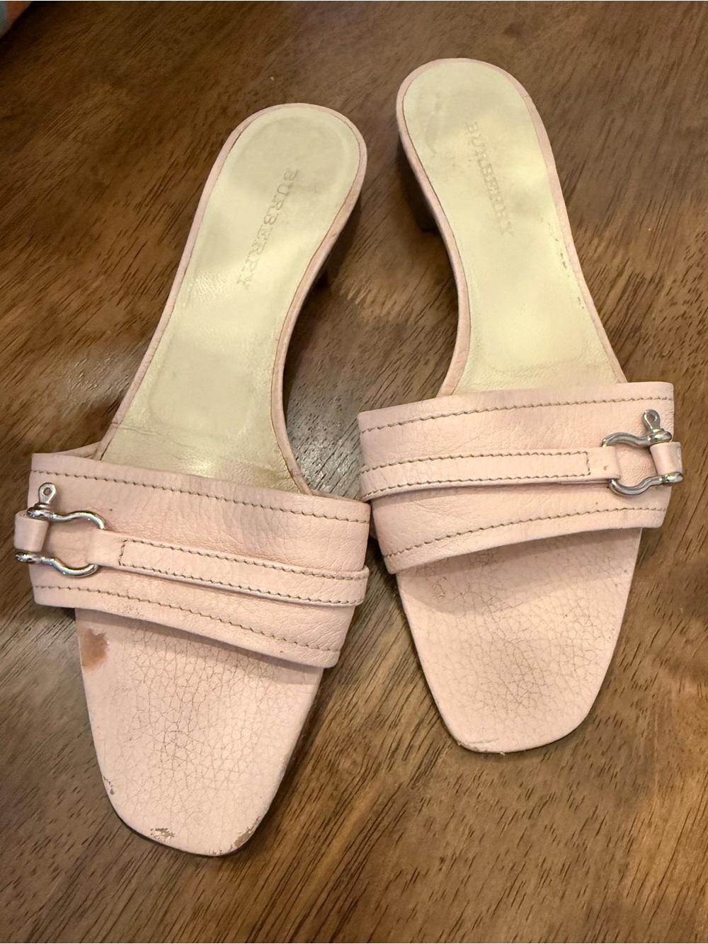 Burberry Pale Pink Leather Slide Mules with Silver Buckle